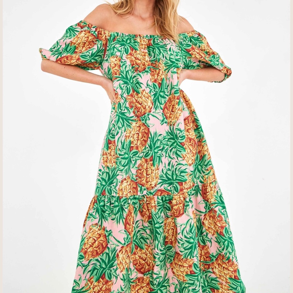 FARM Rio Pineapple Garden Linen Dress Medium